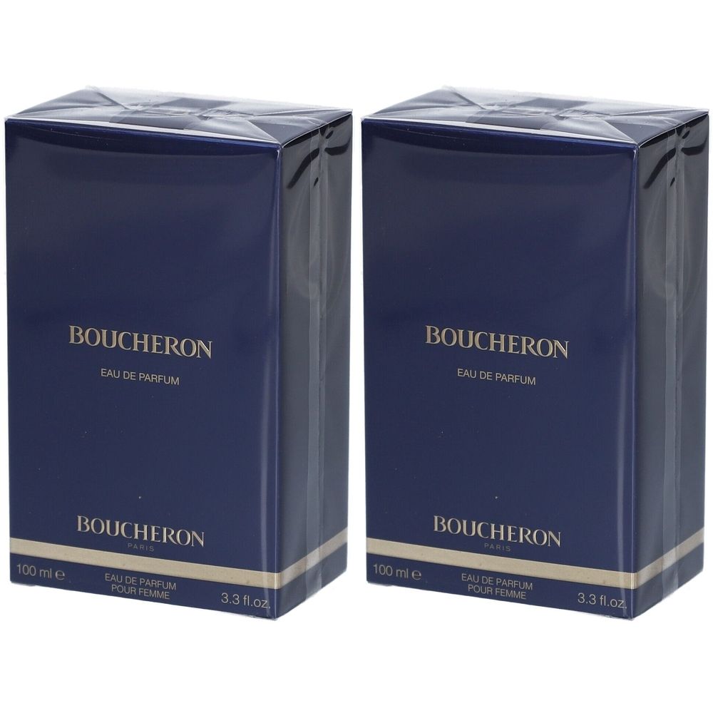 Deux boîtes bleues avec "BOUCHERON EAU DE PARFUM". Inscription "EAU DE PARFUM POUR FEMME". 100 ml et 3.3 fl.oz.