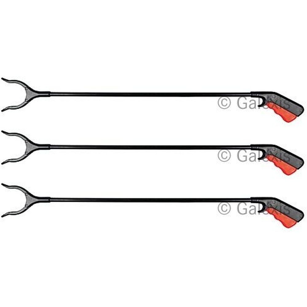 Drie grijpers met zwarte steel, grijze punt en rode handgreep. Product afgebeeld op witte achtergrond.