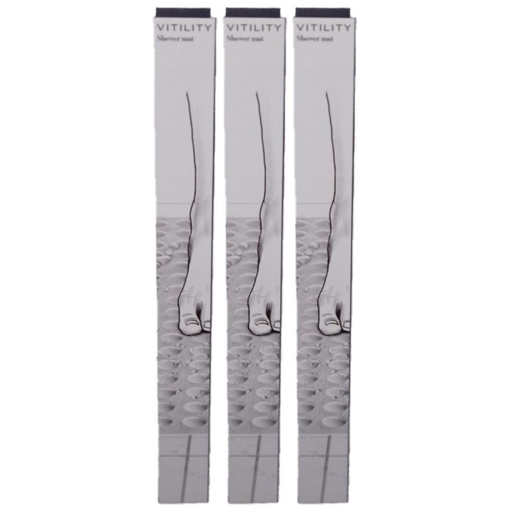 Drie langwerpige verpakkingen. Op elk staat VITILITY. Illustratie van een voet op een antislip oppervlak.