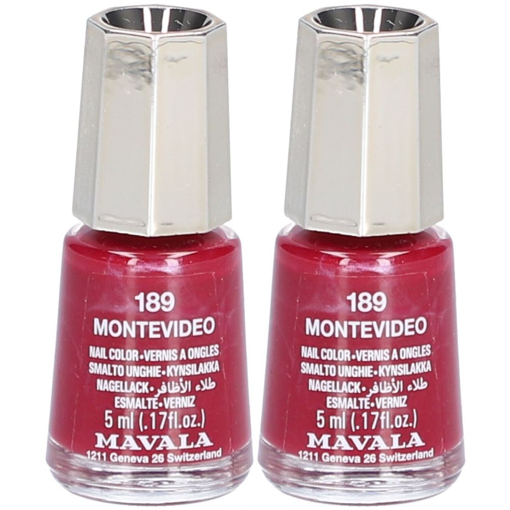 Deux flacons de vernis à ongles rouge. Inscription : 189 Montevideo, Nail Color, 5 ml, Mavala. Bouchon argenté.