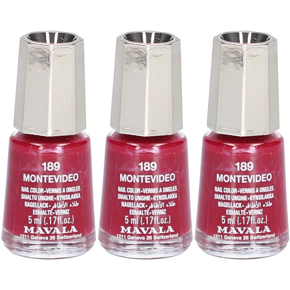 Trois flacons de vernis à ongles rouge. Inscription : 189 MONTEVIDEO, MAVALA. Bouchon argenté.