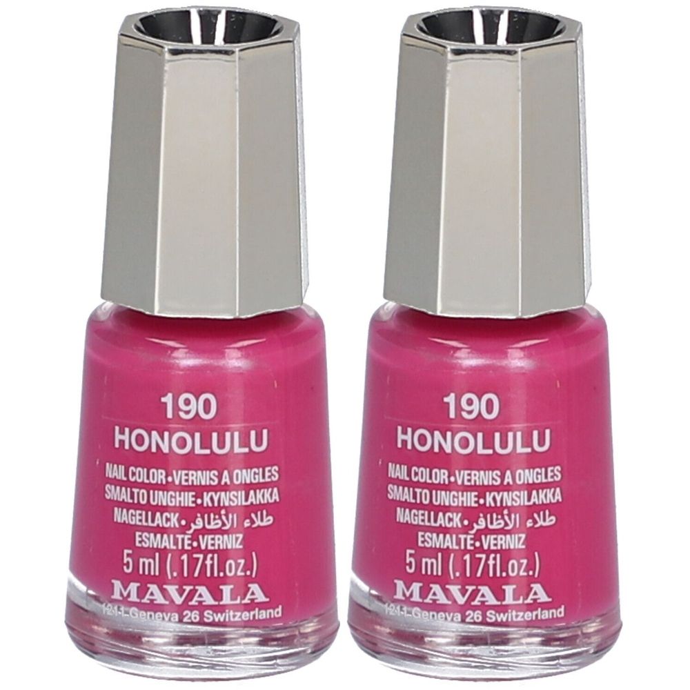 Deux flacons de vernis à ongles roses. Inscription : 190 HONOLULU, MAVALA. Bouchon métallique, 5 ml.