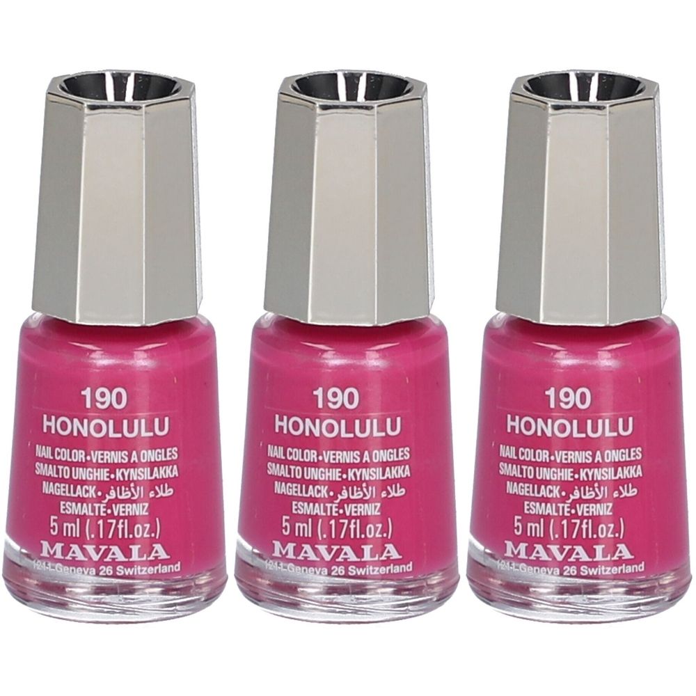 Trois flacons de vernis à ongles roses. Bouchon argenté. Inscription: 190 Honolulu, Mavala. 5 ml.