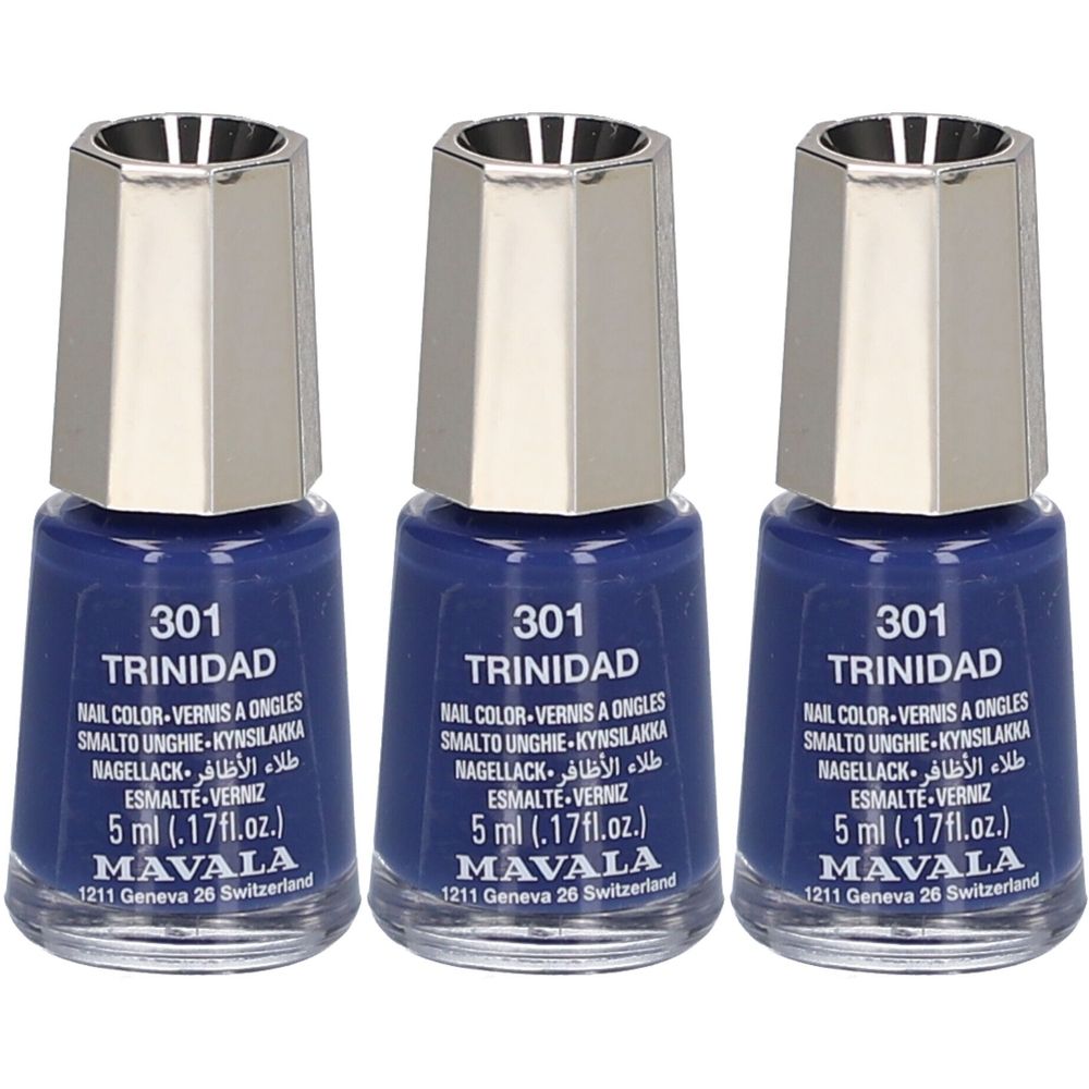 Trois flacons de vernis à ongles bleus. Inscription : 301 Trinidad, Mavala. Bouchon argenté. 5 ml.