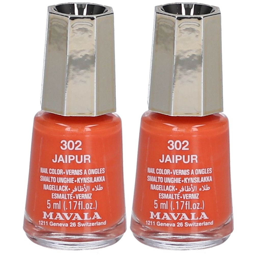 Twee flesjes nagellak, oranje kleur. Opschrift: 302 Jaipur, MAVALA. Zilverkleurige dop. 5 ml.