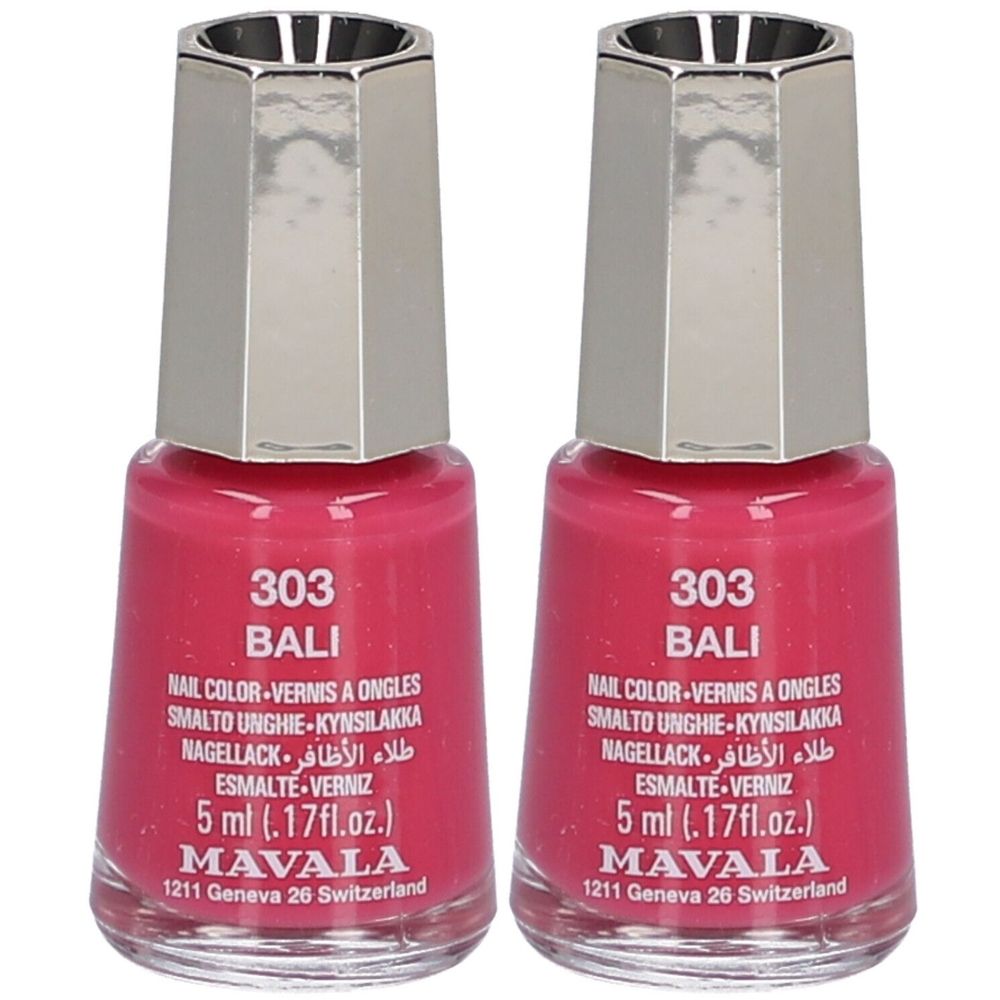 Deux flacons de vernis à ongles roses. Inscription : 303 BALI, MAVALA, 5 ml. Bouchon argenté.