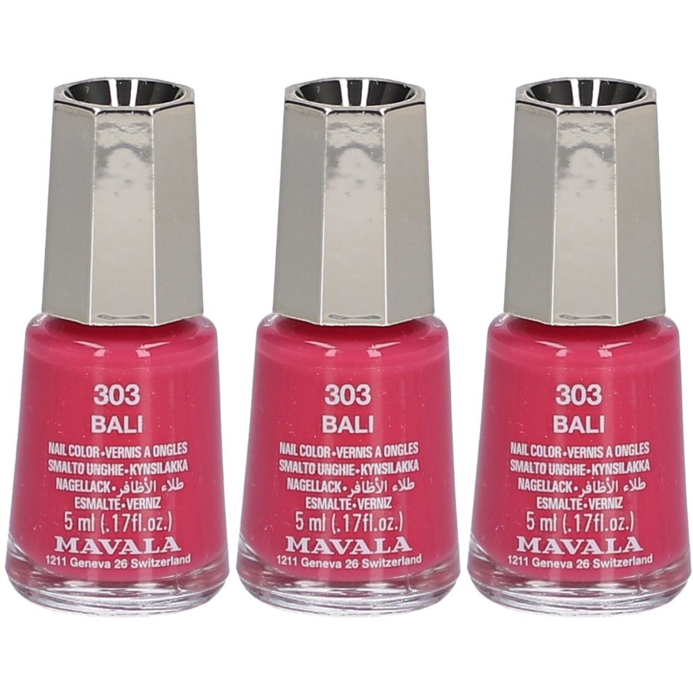Trois flacons de vernis à ongles roses avec des bouchons argentés. Inscription : 303 BALI, MAVALA.