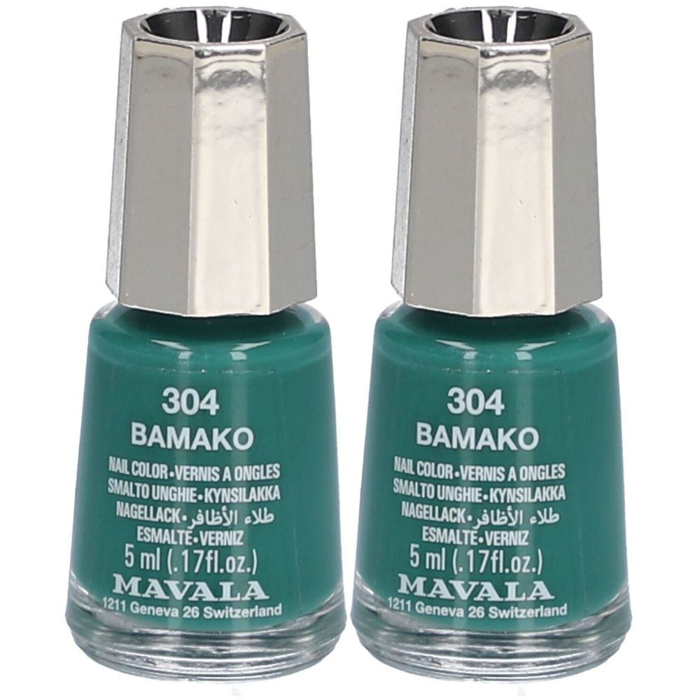 Deux flacons de vernis à ongles verts. Inscription : 304 BAMAKO, MAVALA, 5 ml. Bouchon argenté.