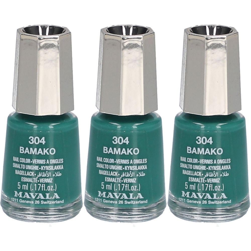 Trois flacons de vernis à ongles verts. Inscription : 304 BAMAKO, MAVALA. Bouchon métallique. 5 ml.