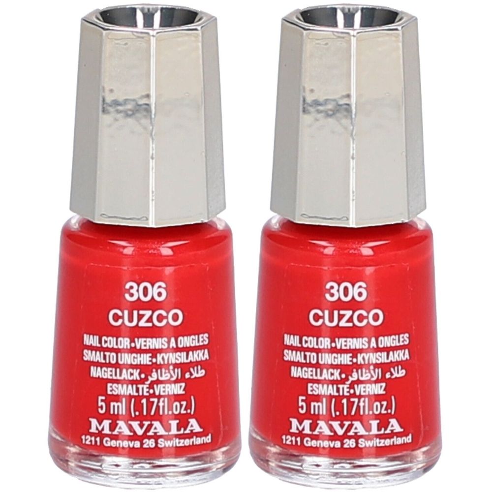 Deux flacons de vernis à ongles rouges. Inscription : 306 CUZCO, MAVALA. Bouchon argenté. 5 ml.