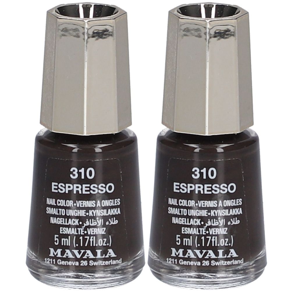 Deux flacons de vernis à ongles Espresso. Chaque flacon a un bouchon argenté et contient 5 ml. Inscription : MAVALA.