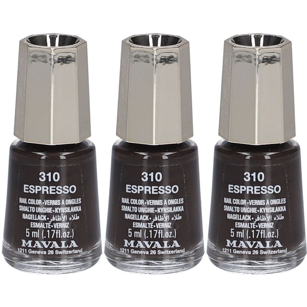 Trois flacons de vernis à ongles Espresso. Bouchons argentés. Inscription : Mavala, 310 Espresso, 5 ml.