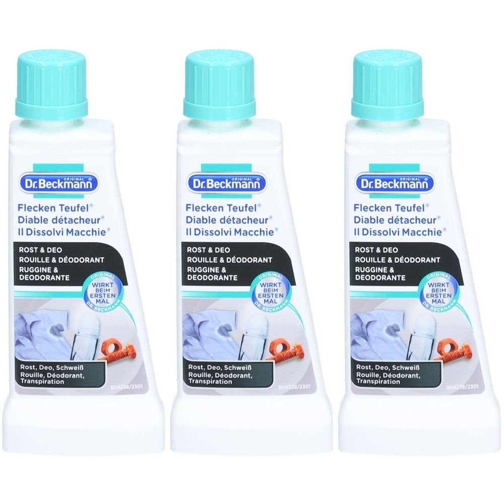 Drie witte flessen met turquoise doppen. Op elke fles staat "Dr. Beckmann Flecken Teufel" en "Rost & Deo".