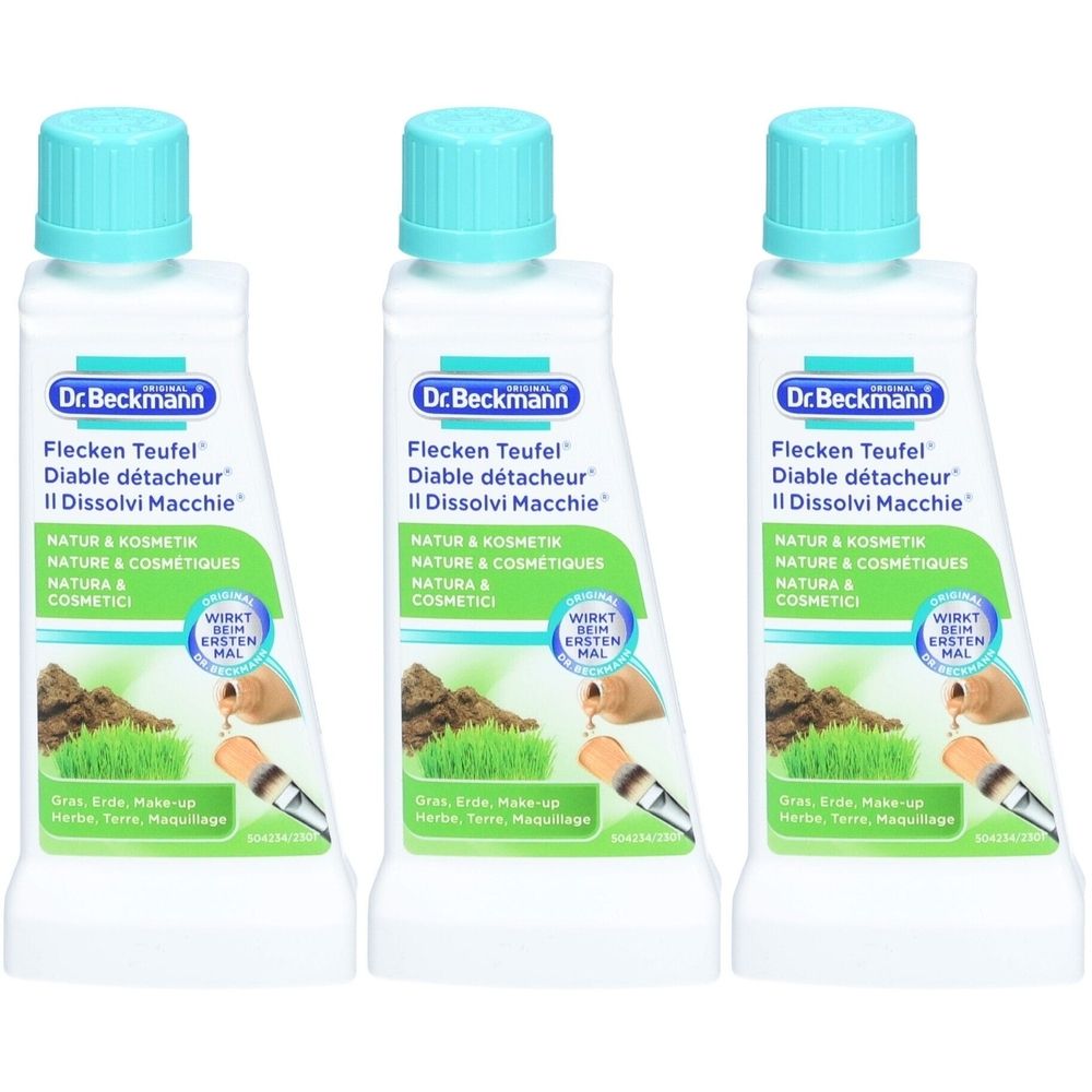 Trois flacons avec bouchons turquoise. Inscription: Dr. Beckmann, Flecken Teufel, Nature & Cosmétiques. Étiquettes vertes et blanches.