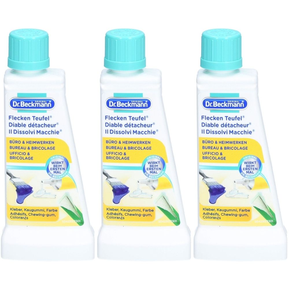 Drie flessen met blauwe doppen. Op de flessen staat "Dr. Beckmann Flecken Teufel".