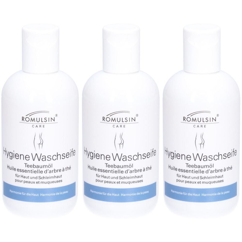 Drie witte flessen met klapdeksel. Opschrift: ROMULSIN CARE, Hygiene Waschseife, Tea tree olie. Voor huid en slijmvliezen.