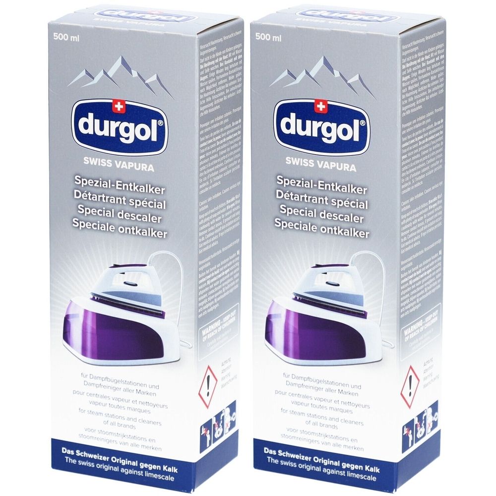 Deux boîtes de détartrant "durgol". Inscriptions : "Spezial-Entkalker", "Swiss Vapura". Illustration d'un fer à repasser.