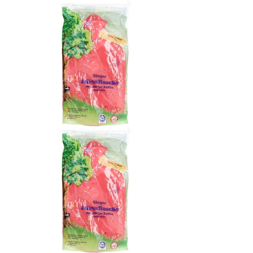 Deux bouillottes rouges dans un emballage plastique. Inscription : Sänger Wärmflasche. Avec côté lisse et nervuré.