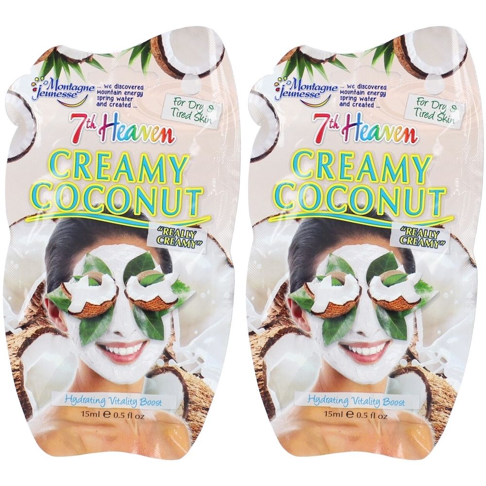 Deux sachets de masque facial. Inscription : 7th Heaven Creamy Coconut. Pour peaux sèches et fatiguées. Motif noix de coco et visage de femme.