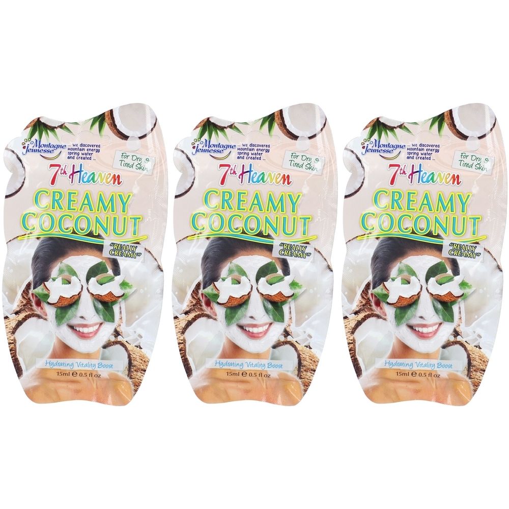 Drie gezichtsmaskers met kokosnootmotief. Opschrift: 7th Heaven Creamy Coconut. Afbeelding van een vrouw met masker.