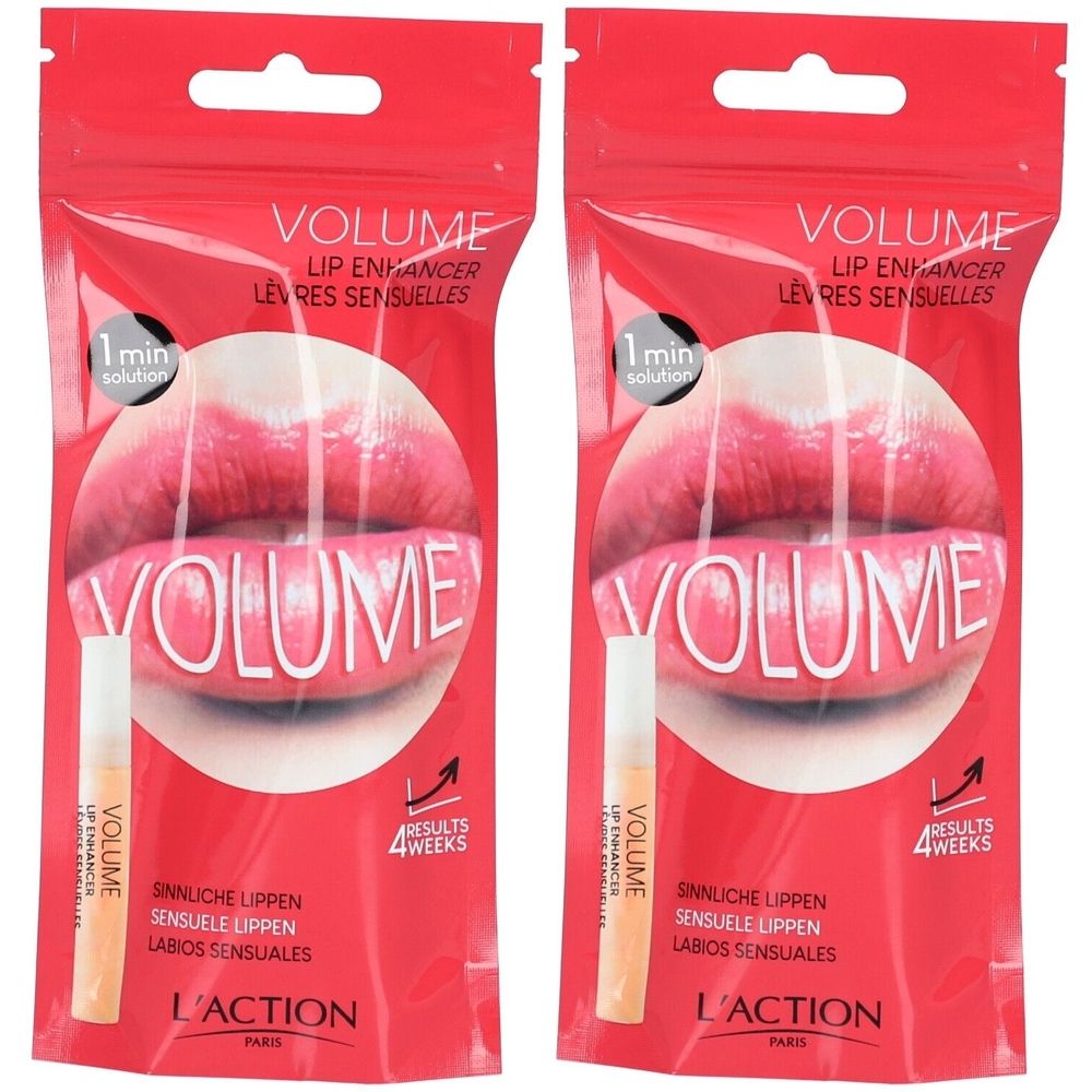 Deux emballages rouges de Volume, rehausseur de lèvres. Inscription : VOLUME, LIP ENHANCER, L'ACTION PARIS. Contient un applicateur.