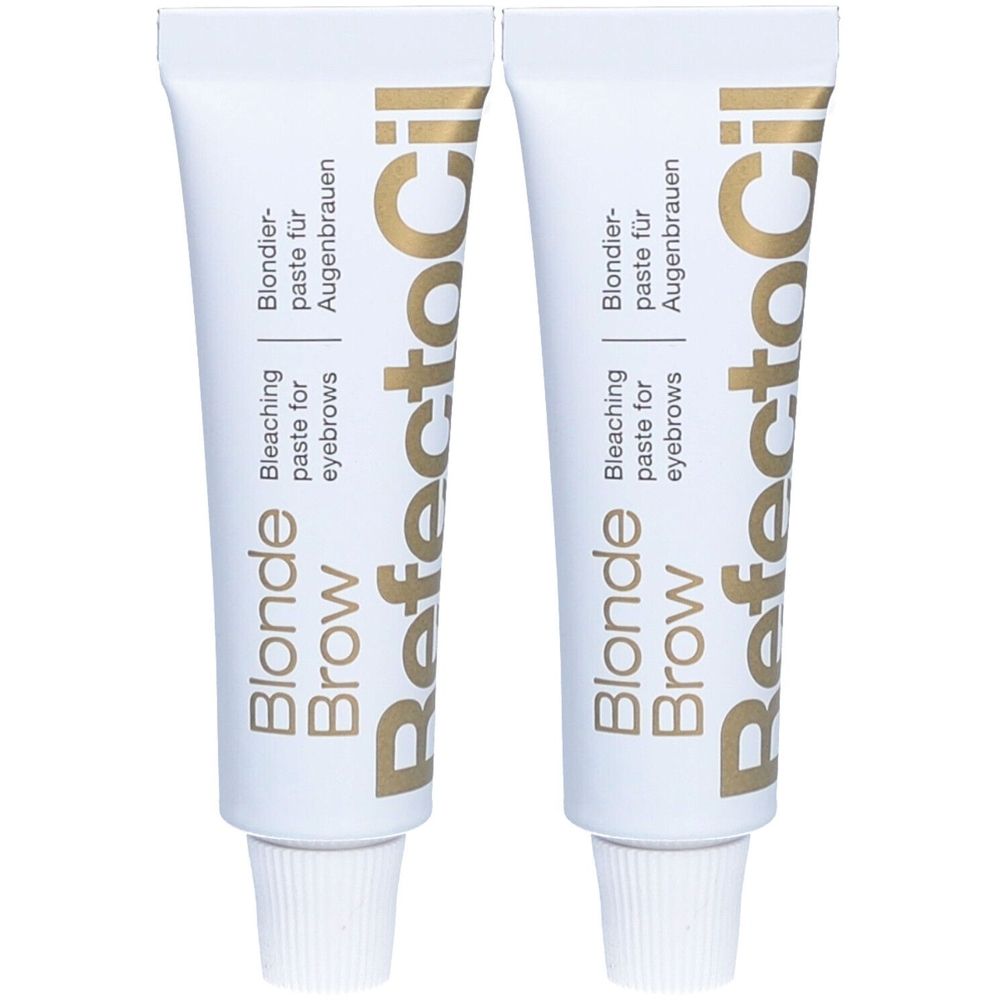 Deux tubes de Refectocil Blondierpaste pour sourcils. Tubes blancs avec texte doré. Inscription: Blonde Brow, Bleaching paste for eyebrows.