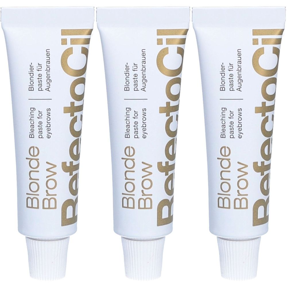 Trois tubes blancs. Chaque tube porte l'inscription "Blonde Brow" et "RefectoCil" en doré. Produit: pâte décolorante pour sourcils.