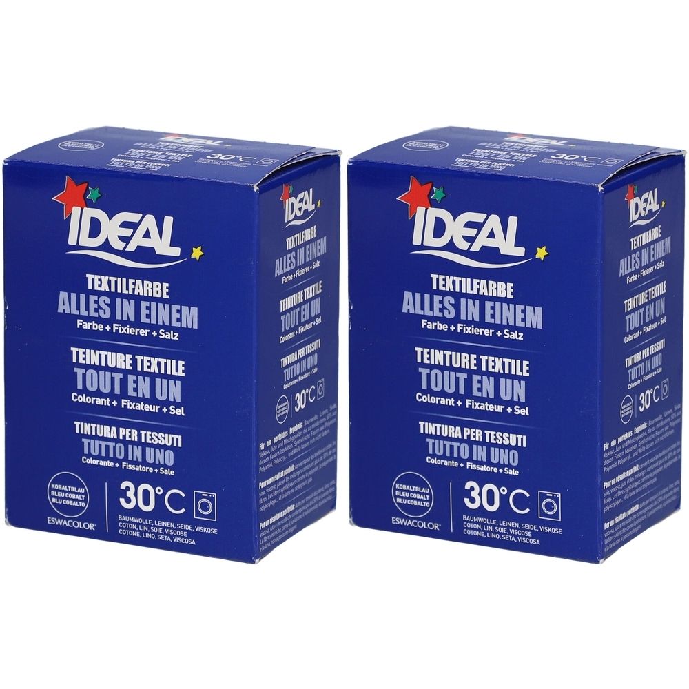 Deux boîtes bleues avec l'inscription IDEAL Textilfarbe. Texte en allemand, français et italien. Indication de température 30°C.