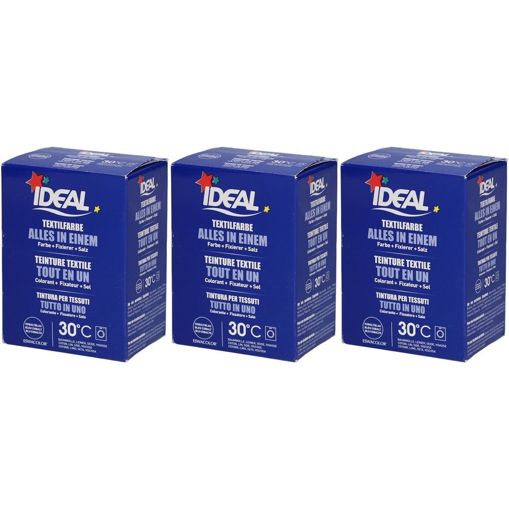 Trois boîtes bleues avec impression de produit. Inscription: IDEAL Teinture textile, Tout en un, 30°C. Logo avec étoile.