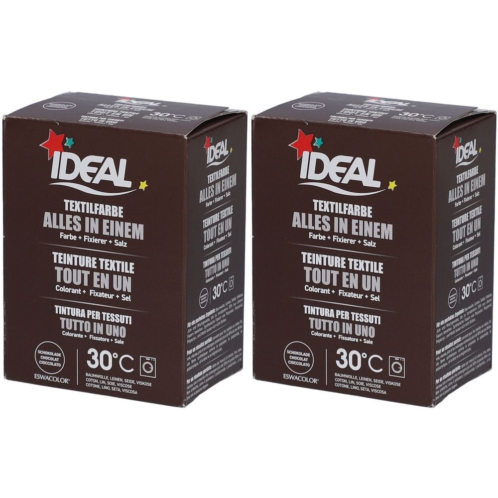 Twee bruine dozen met de tekst IDEAL Textielverf Alles in Een. Bevat kleurstof, fixeermiddel en zout. Temperatuurindicatie 30°C.