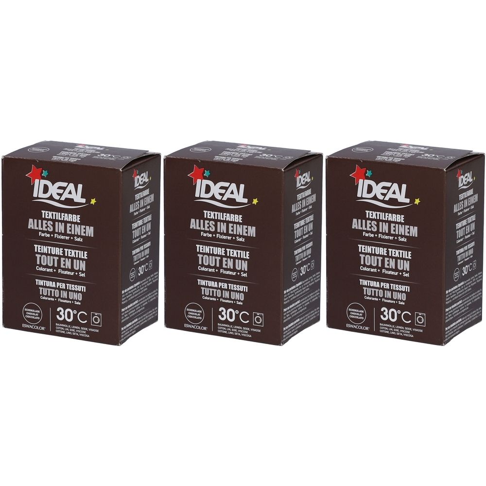 Drie dozen textielverf chocolade. Opschrift: IDEAL, Alles in één, Teinture Textile Tout en Un, 30°C.