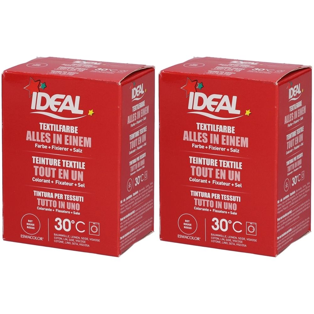 Deux boîtes rouges de teinture textile IDEAL. Informations multilingues, indication de température 30°C.