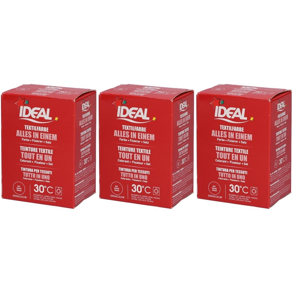 Trois boîtes rouges avec l'inscription IDEAL Textilfarbe. Inscriptions en allemand, français et italien. Indication de température 30°C.