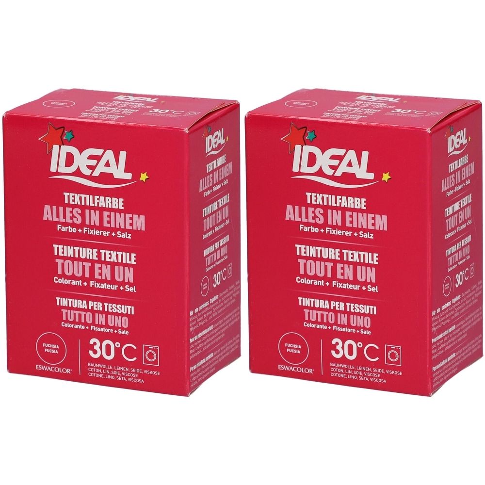 Twee rode dozen met IDEAL Textilfarbe. Tekst in het Duits, Frans en Italiaans. Temperatuurindicatie 30°C.