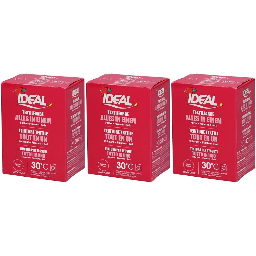 Drie rode dozen met IDEAL Textilfarbe. Opschriften in het Duits, Frans en Italiaans. Temperatuurindicatie 30°C.