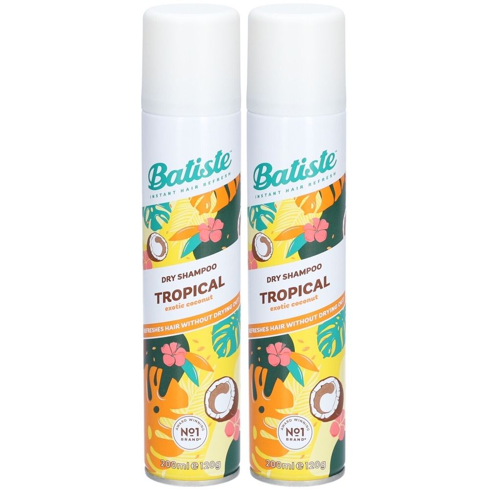 Deux flacons de shampooing sec Batiste Tropical. Design tropical avec noix de coco et fleurs. Inscription "Dry Shampoo".