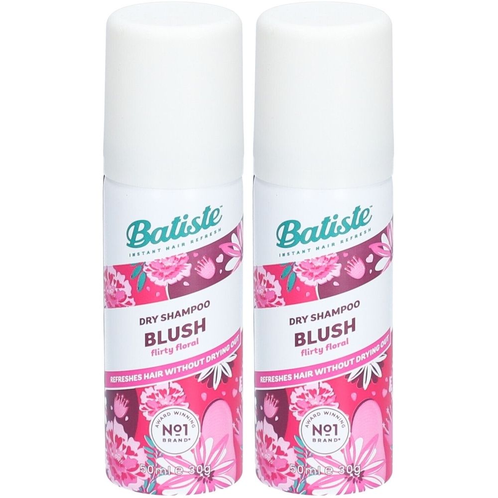 Deux flacons de shampooing sec Batiste Blush, design floral. Inscription : flirty floral. Marque n°1.