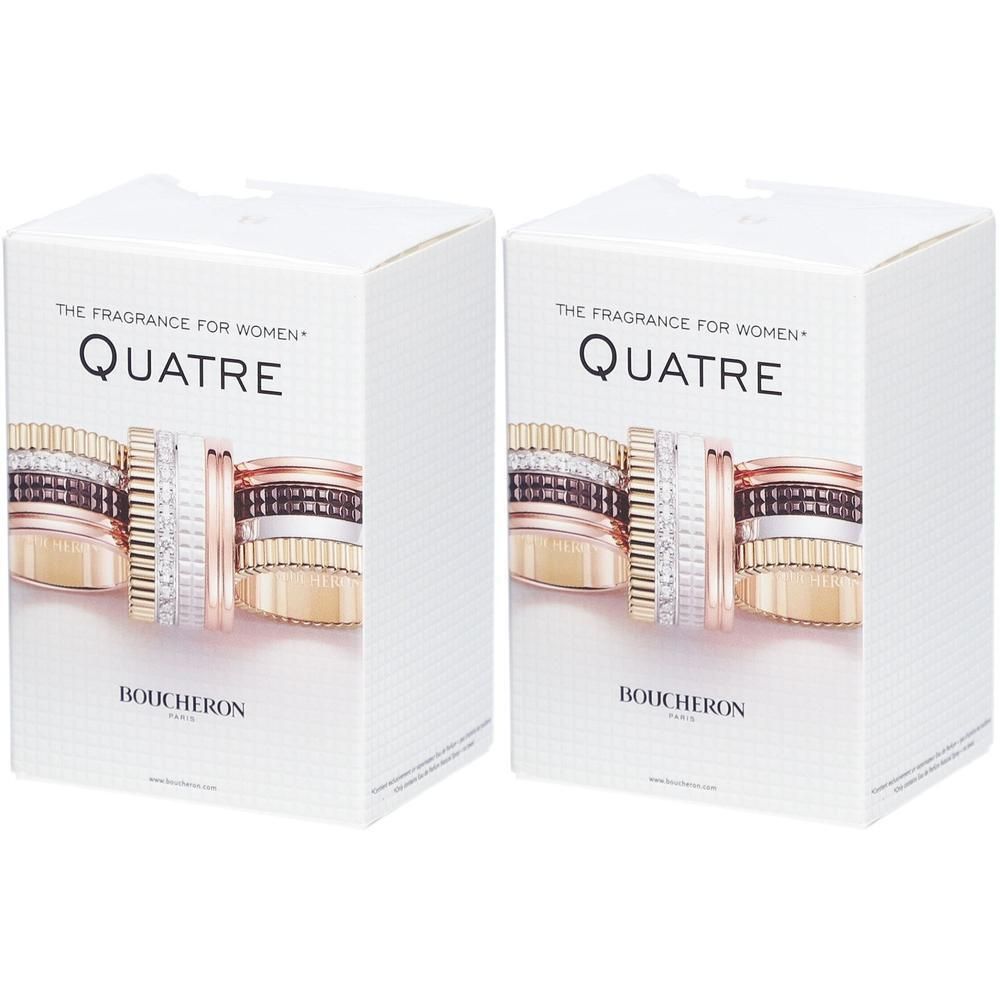 Twee vierkante verpakkingen van Boucheron Quatre Eau de Parfum. Opdruk: ringen, merknaam en productnaam.
