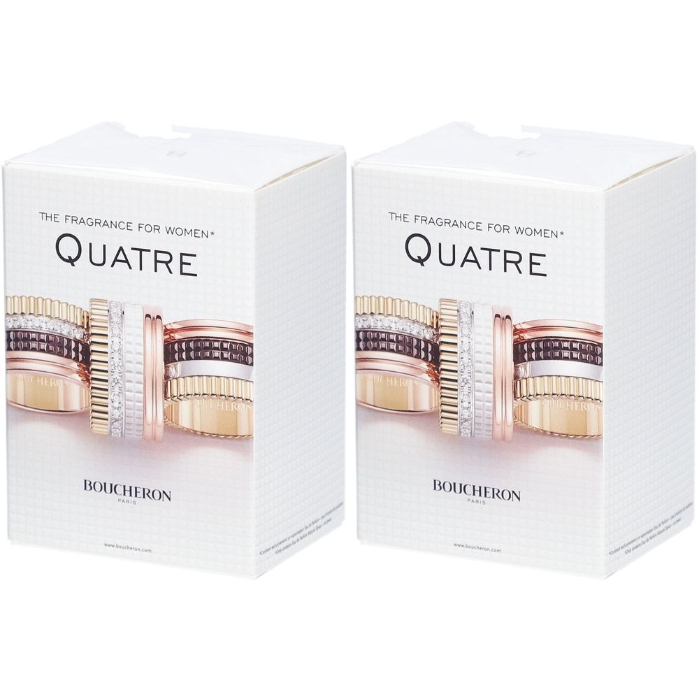 Deux boîtes carrées de Boucheron Quatre Eau de Parfum. Impression : anneaux, nom de la marque et du produit.