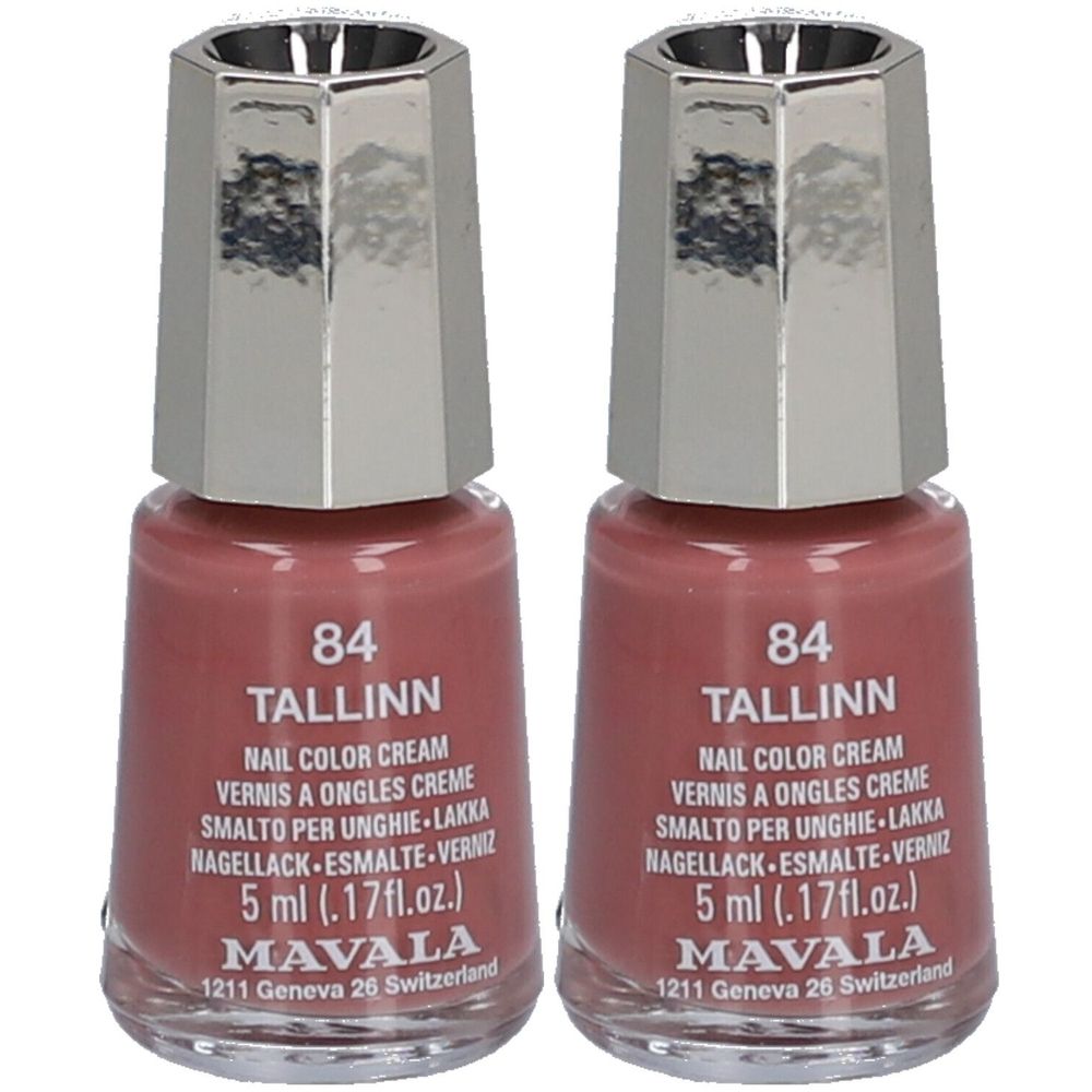 Twee flesjes nagellak, roze-bruine kleur. Opschrift: 84 Tallinn, Nail Color Cream, 5 ml, Mavala.