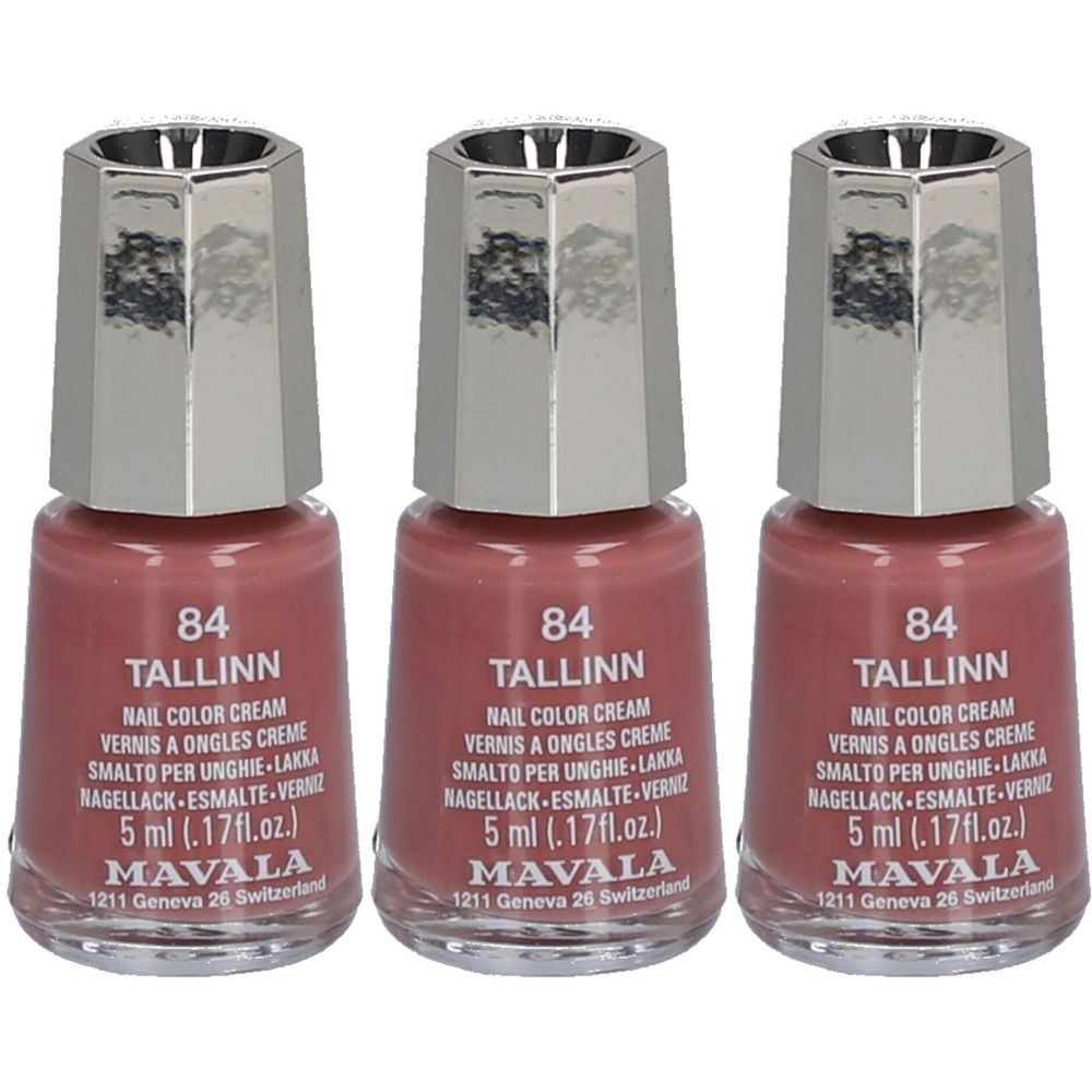 Trois flacons de vernis à ongles 84 Tallinn. Bouchons argentés. Inscription: Mavala, 5 ml.