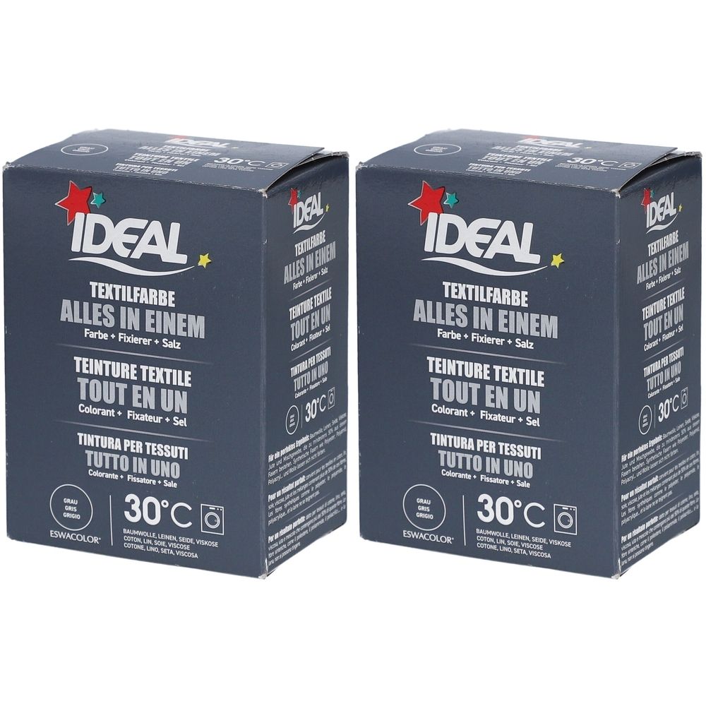Deux boîtes grises avec l'inscription IDEAL Teinture Textile. Contient couleur, fixateur et sel. Indication de température 30°C.