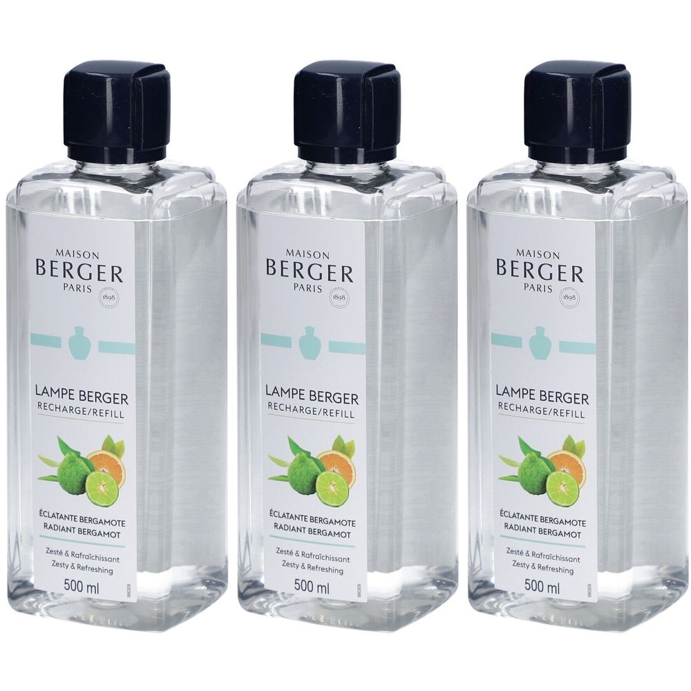 Trois flacons avec bouchon noir. Étiquettes: Maison Berger Paris, Lampe Berger, Eclatante Bergamote. 500 ml.