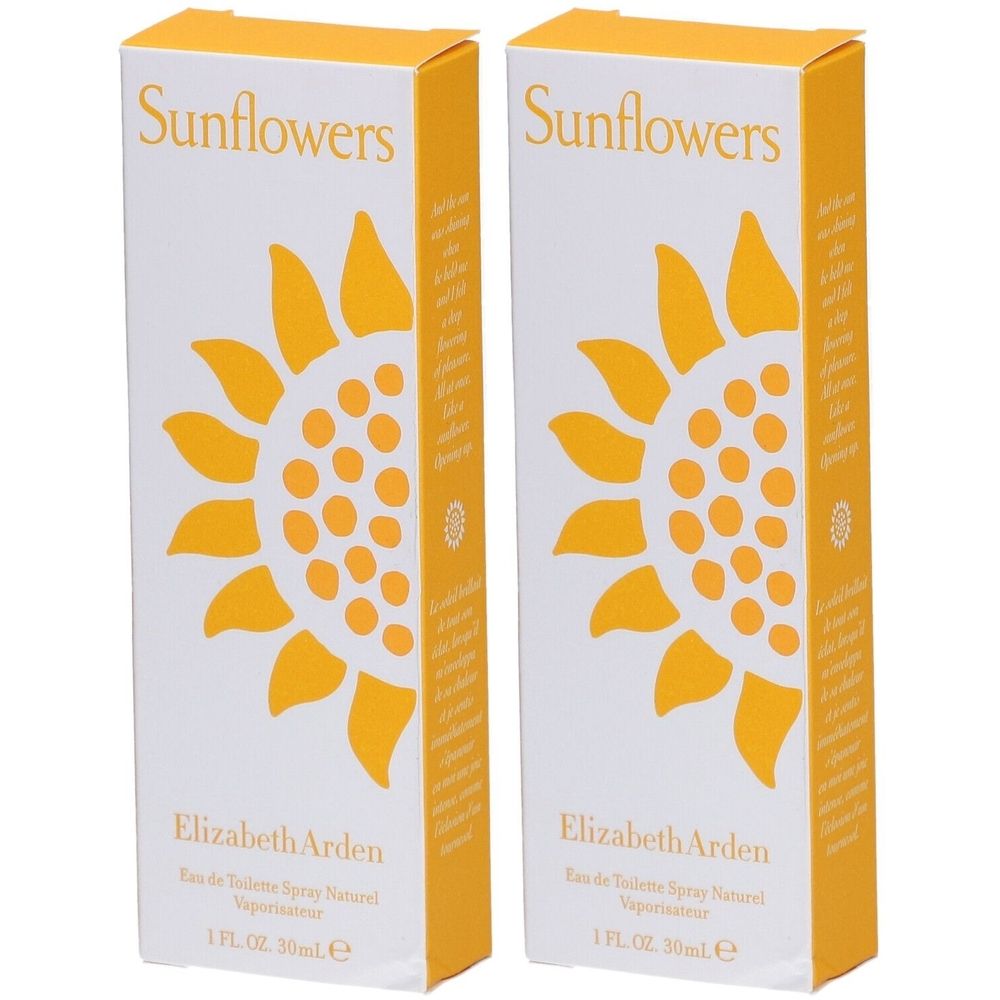 Twee rechthoekige dozen. Opdruk: zonnebloem, "Sunflowers" en "Elizabeth Arden". Geel en wit.