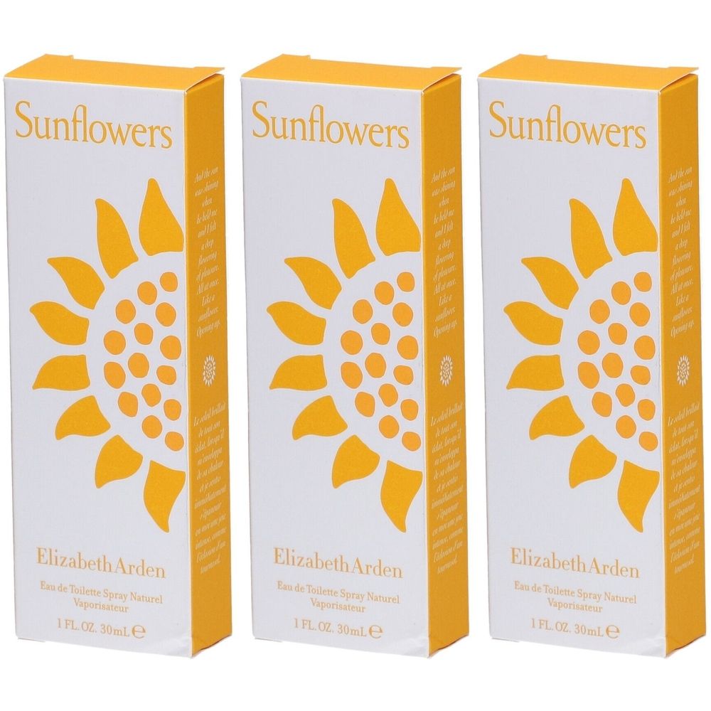 Trois boîtes rectangulaires. Impression: tournesol, texte "Sunflowers" et "Elizabeth Arden". Couleurs jaune et blanc.
