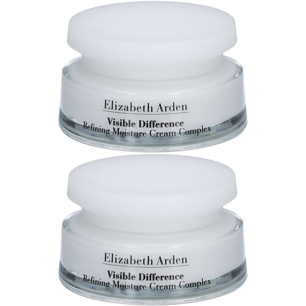 Twee crèmepotten met witte deksels. Labels: "Elizabeth Arden Visible Difference". 