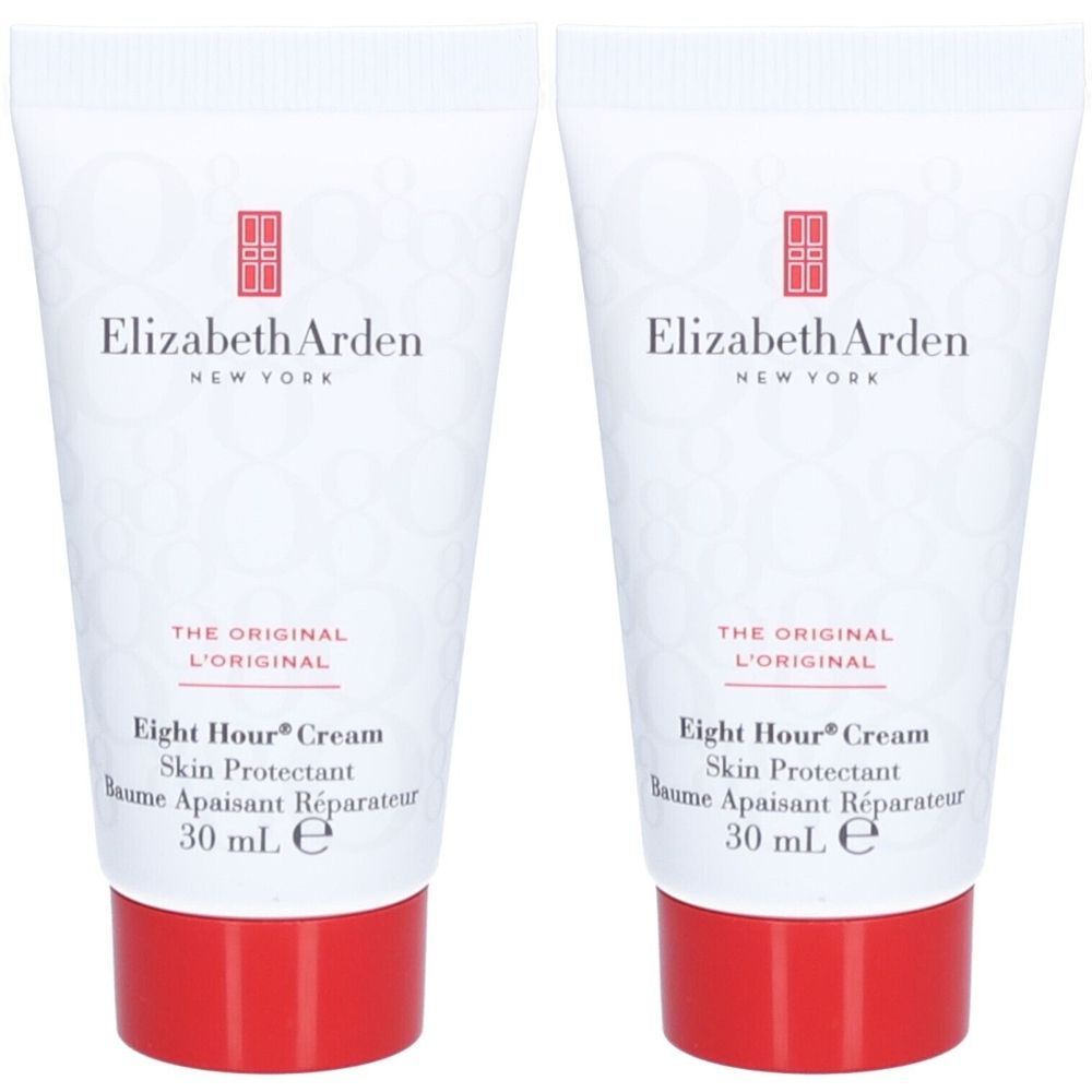 Deux tubes de crème Elizabeth Arden Eight Hour. Tubes blancs avec texte rouge et bouchon rouge. Inscription : 30 ml.