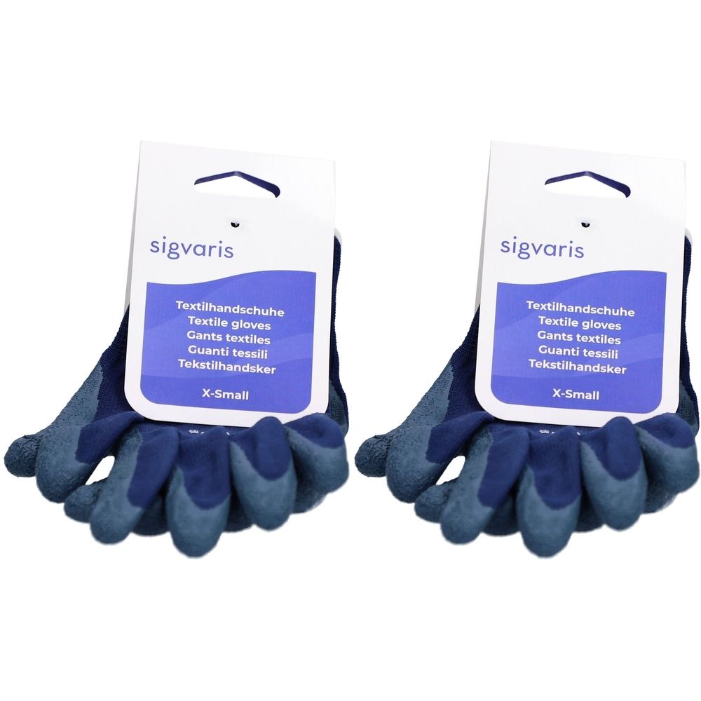 Deux gants textiles bleus SIGVARIS, taille XS, avec étiquette. Inscription : Textilhandschuhe, Textile gloves.