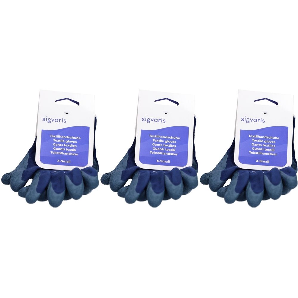 Drie paar blauwe textielhandschoenen met label. Op het label staat "sigvaris" en "X-Small".