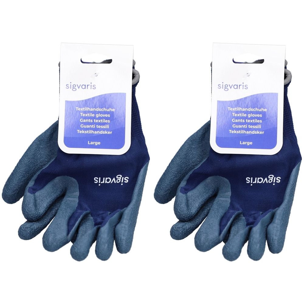 Twee blauwe textielhandschoenen met labels. De labels tonen "sigvaris" en productaanduidingen in meerdere talen, waaronder "Textilhandschuhe" en "Large".